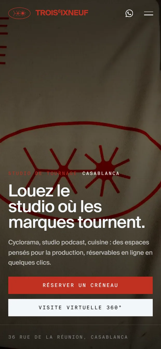 Le site 369 Studio affiché sur téléphone : titre et boutons de réservation visibles sans défiler.