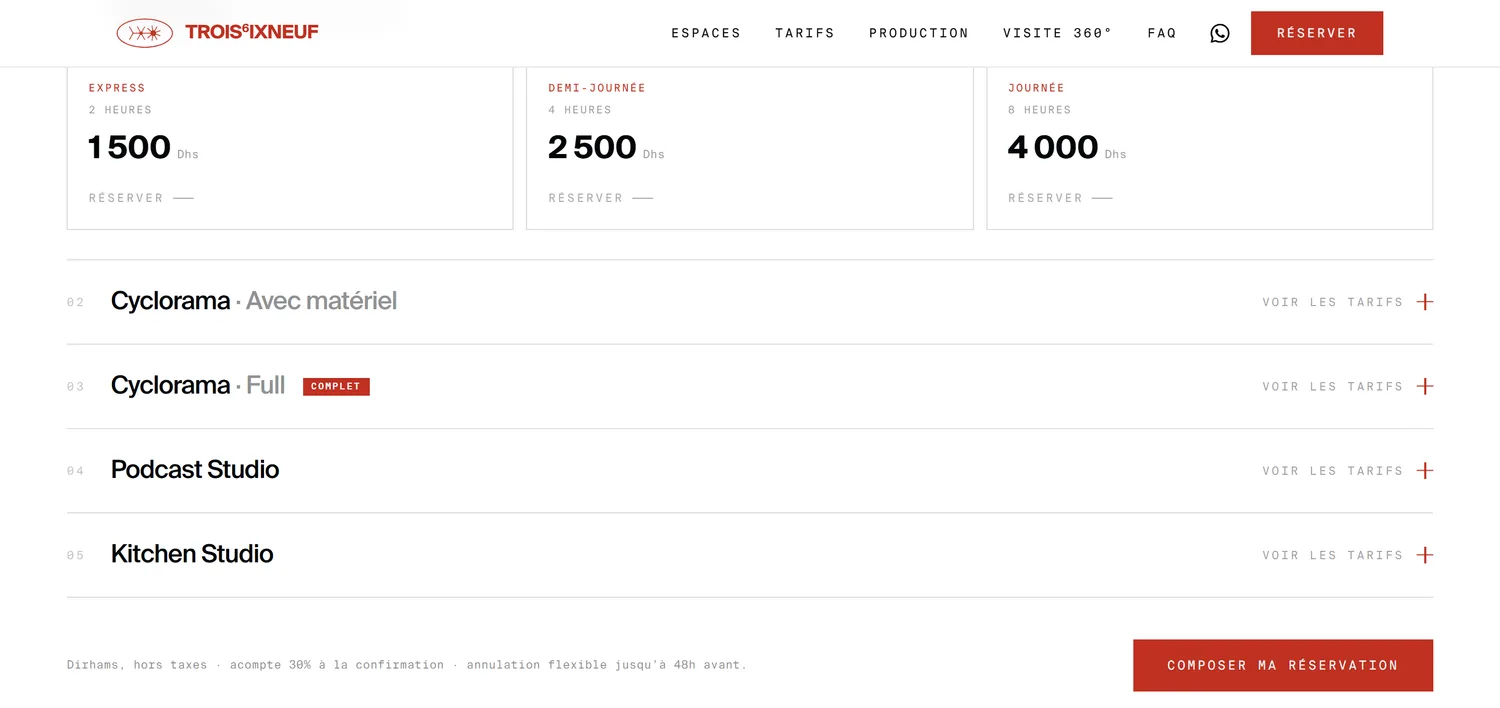 Sélecteur de tarifs du site 369 Studio montrant les créneaux Express, Demi-journée et Journée avec leurs prix en dirhams.