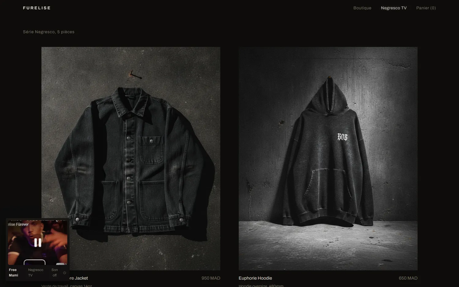 Deux fiches produits du concept NEGRESCO, une veste et un hoodie, avec leurs prix en dirhams.