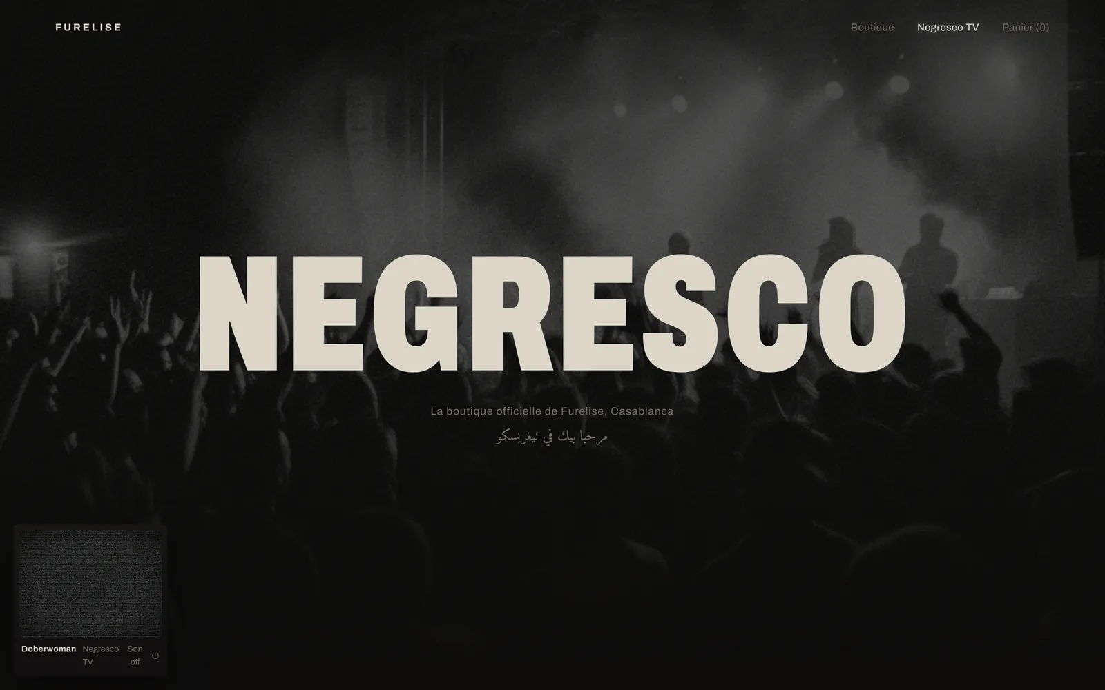 Page d'accueil du concept NEGRESCO : le nom de la marque en très grand sur fond sombre.